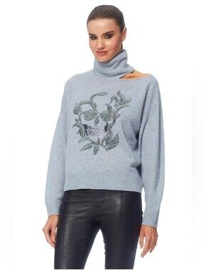 SKULL CASHMERE Gray Cut Out Shoulder Skull Floral Turtleneck Sweater Medium